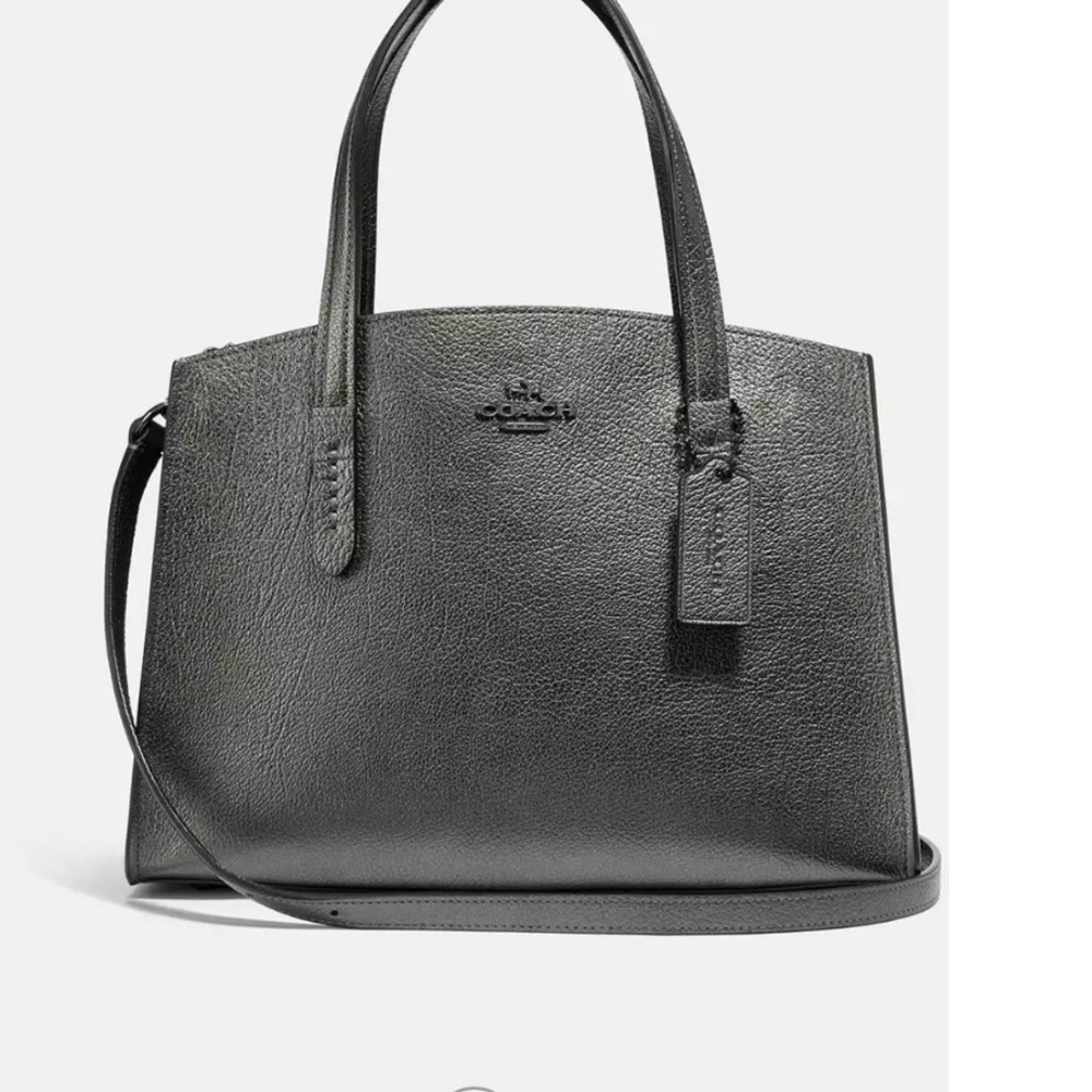 Coach Charlie Carryall Tote Beautiful Metallic Pewter Pebbled Leather Bag